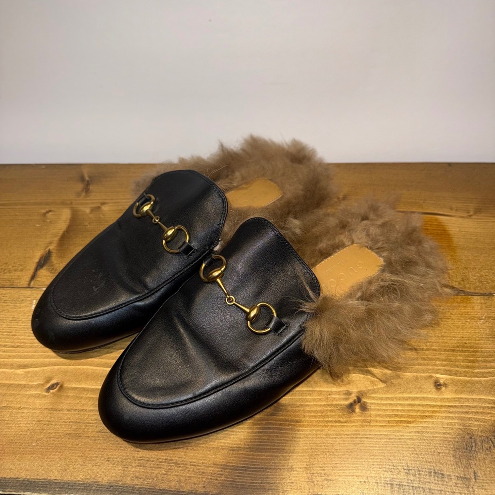 Gucci Princetown Black Leather Fur Lined Horsebit Mule Loafers Womens 35
